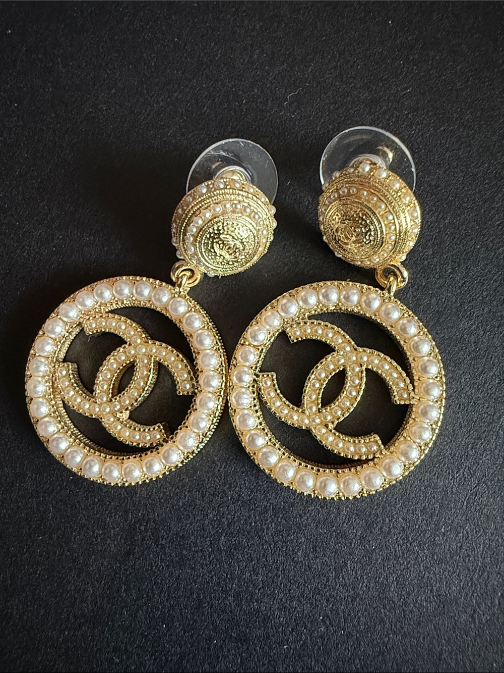 Chanel Gold-Tone Pearl CC Drop Earrings - Picture 3 of 5